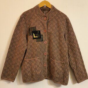 Focus TAN Button Jacket Square Print Lagenlook Brown Textured Pockets Women M